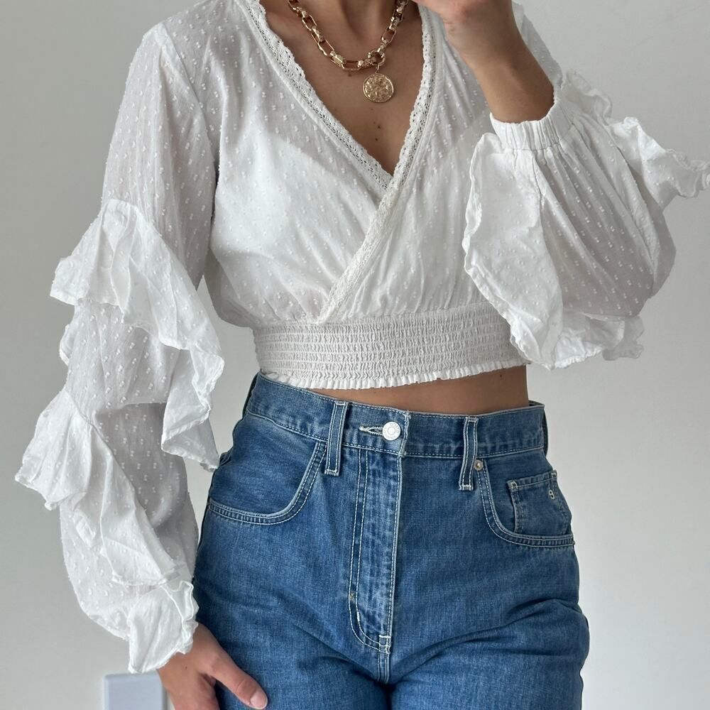 Z&L Cotton Ruffle Smocked Top One Size White Feminine Crop Flounce Love‎ Fancy